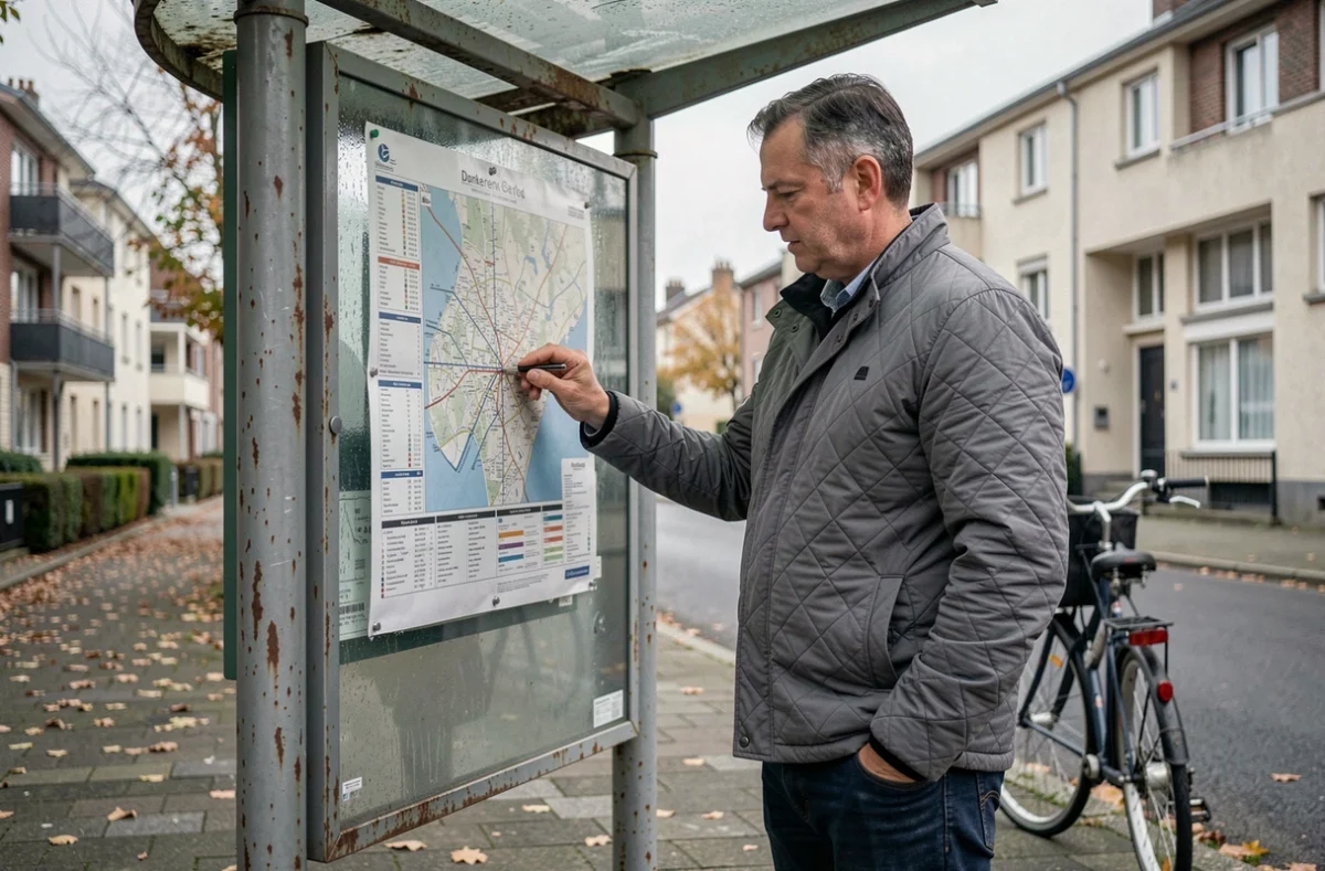Homme consultant un plan de lignes de bus sous un abribus dans un quartier résidentiel de Dunkerque