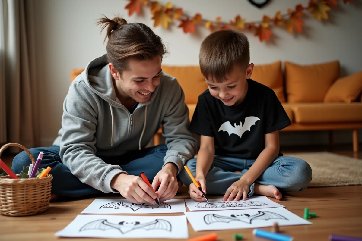 Parent et enfant découpant des dessins de chauves-souris Halloween imprimés ensemble dans le salon lors d'une activité créative