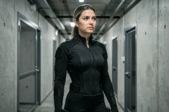 Actrice en combinaison tactique noire dans un couloir industriel, évoquant l'univers de Black Widow Marvel