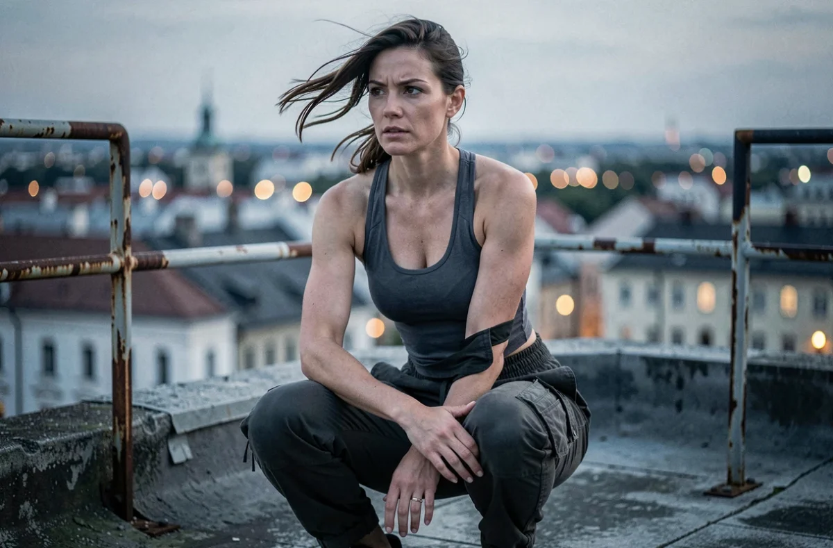 Actrice en tenue tactique accroupie sur un toit en Europe de l'Est, ambiance espionnage Marvel Black Widow