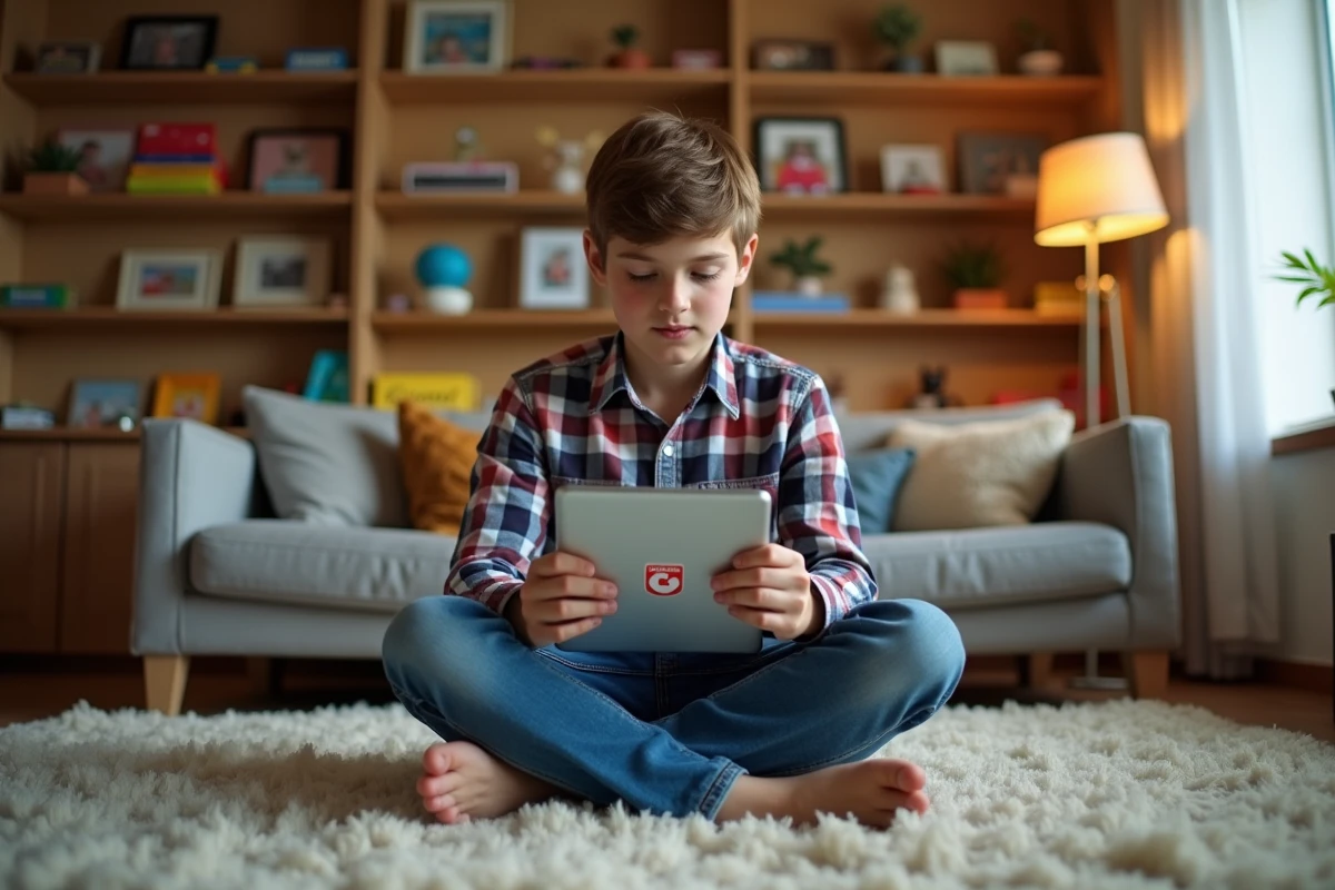 Adolescent jouant avec une tablette Monopoly dans le salon