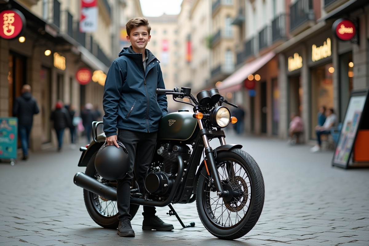 Adolescent posant avec sa moto dans une place urbaine animée