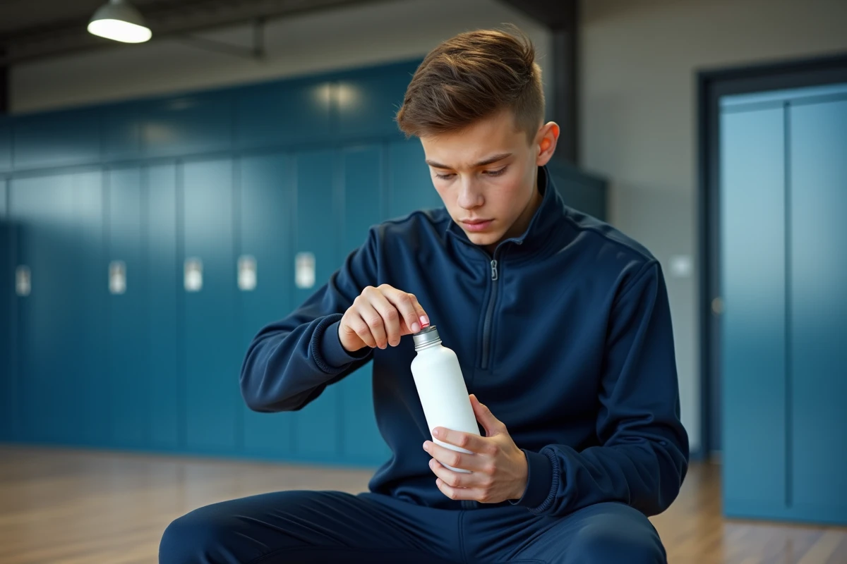 Adolescent utilisant une gourde Air Up avec pod aromatique dans un vestiaire de sport