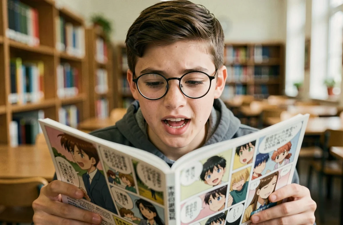 Adolescent avec lunettes lisant passionnément un scan manga en français dans une bibliothèque scolaire, référence à la lecture de Solo Leveling Ragnarok
