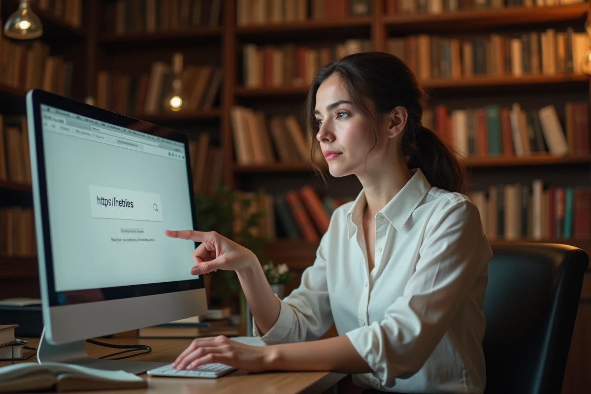 Jeune femme recherchant la véritable adresse officielle d'un site de streaming dans une bibliothèque