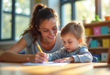 Enfant en apprentissage avec un adulte dans une classe lumineuse