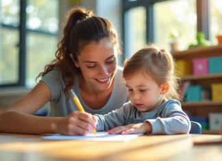 L’AESH en France : qu’est-ce que c’est et comment le devenir ? Enfant en apprentissage avec un adulte dans une classe lumineuse