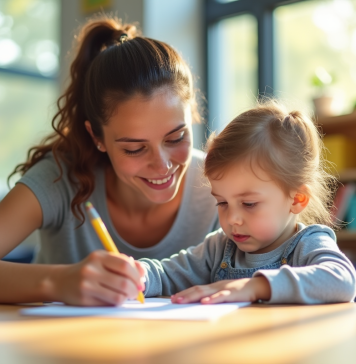 Enfant en apprentissage avec un adulte dans une classe lumineuse
