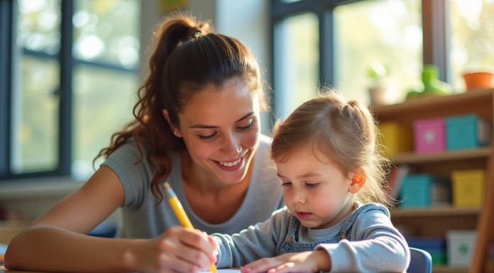 Enfant en apprentissage avec un adulte dans une classe lumineuse
