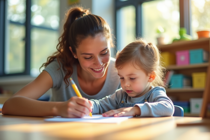 aide-apprentissage-enfant Enfant en apprentissage avec un adulte dans une classe lumineuse