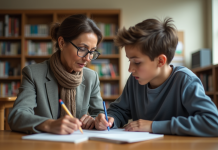 Femme aidant un adolescent à la bibliothèque