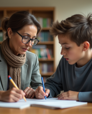 Femme aidant un adolescent à la bibliothèque