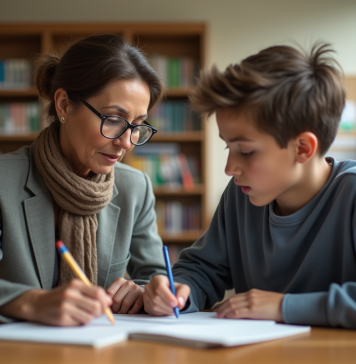Inégalités en Europe : solutions efficaces pour les combattre Femme aidant un adolescent à la bibliothèque