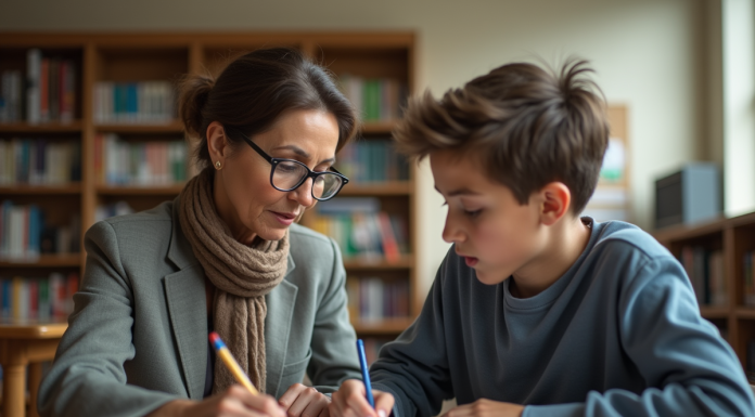 Femme aidant un adolescent à la bibliothèque