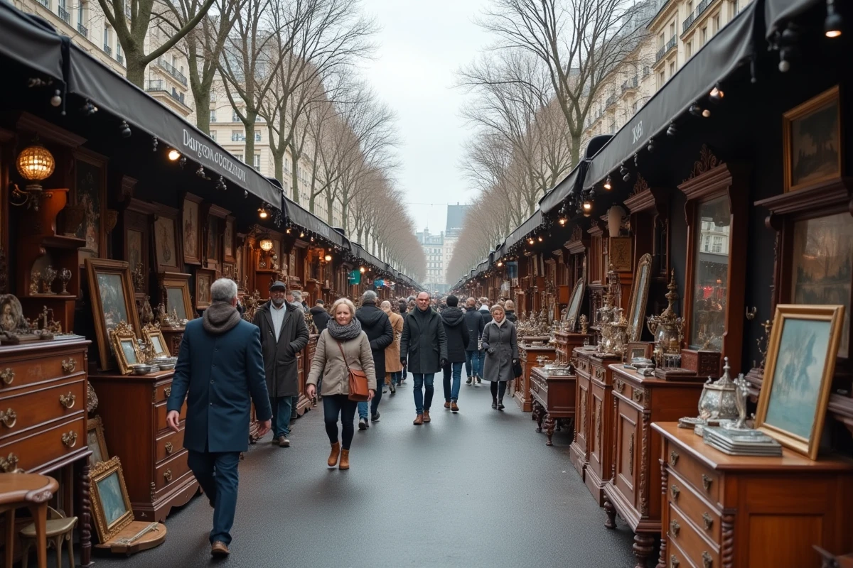 Vue générale de l'allée principale du marché aux puces de la Porte de Vanves avec visiteurs et exposants