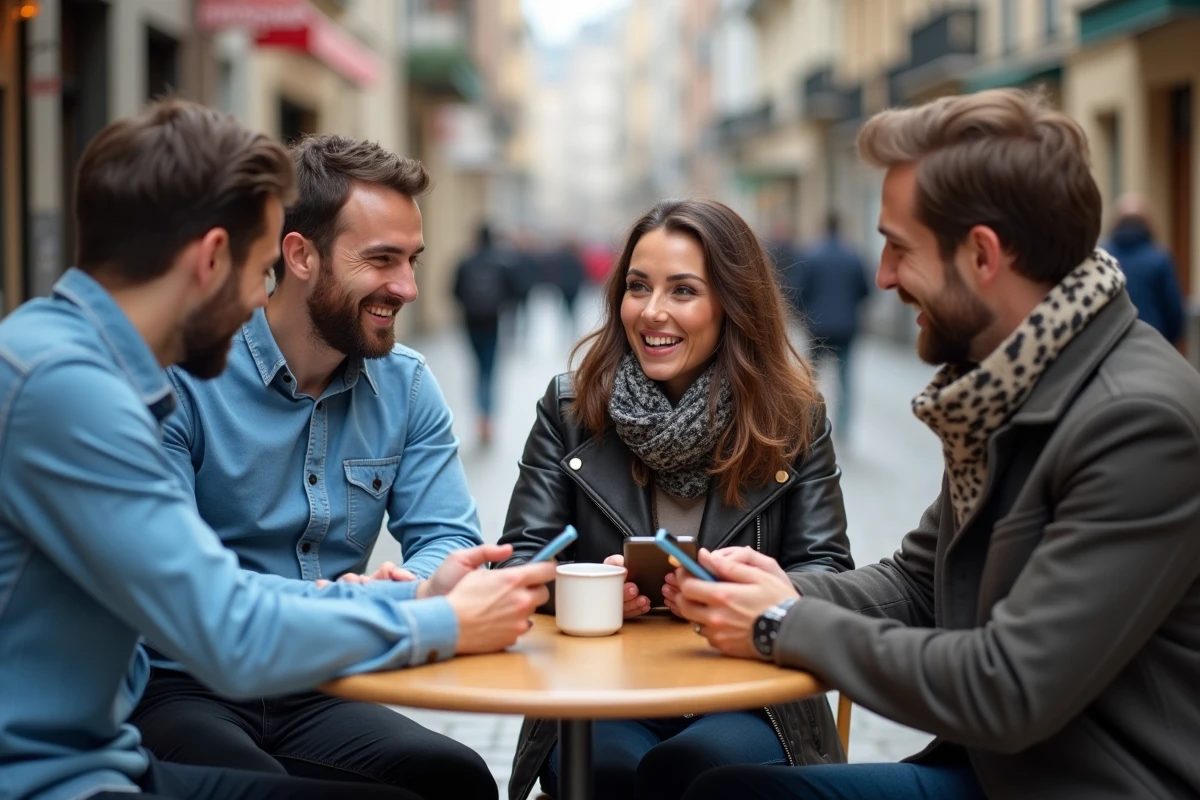 Trois amis discutant autour d un café en jouant à Monopoly GO
