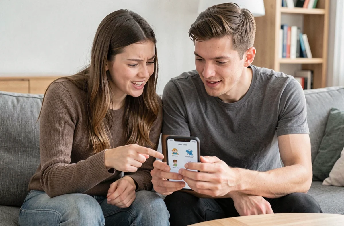 Deux amis cherchant ensemble la solution d'un jeu 4 images 1 mot à 7 lettres sur un canapé