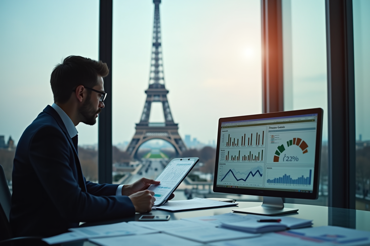 Analyste financier examinant graphiques avec vue sur la Tour Eiffel