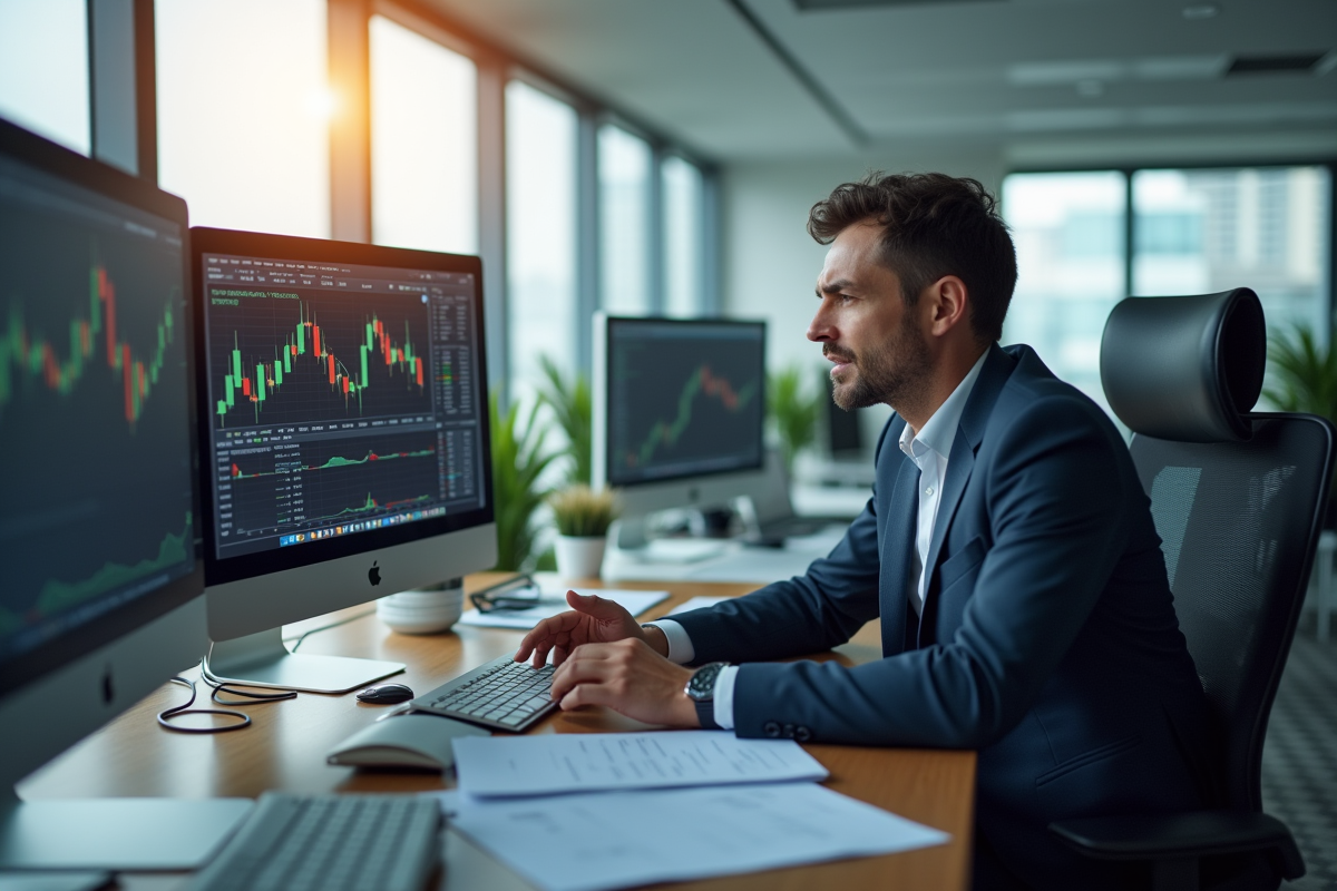 Analyste financier stressé regardant des graphiques en chute