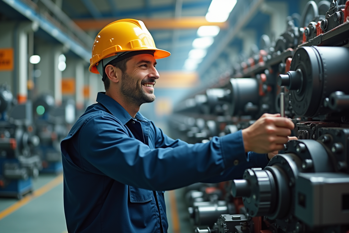 Apprenti souriant en uniforme manipulant une machine industrielle