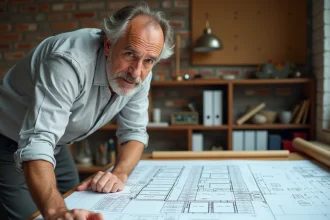 Architecte consultant un tableau de conversion litres en m3 sur une table à dessin avec des plans de pièce