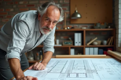 Architecte consultant un tableau de conversion litres en m3 sur une table à dessin avec des plans de pièce