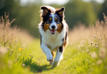 Chien berger australien tricolore courant dans un champ ensoleille