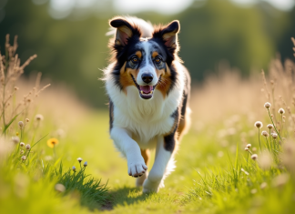 Chien berger australien tricolore courant dans un champ ensoleille