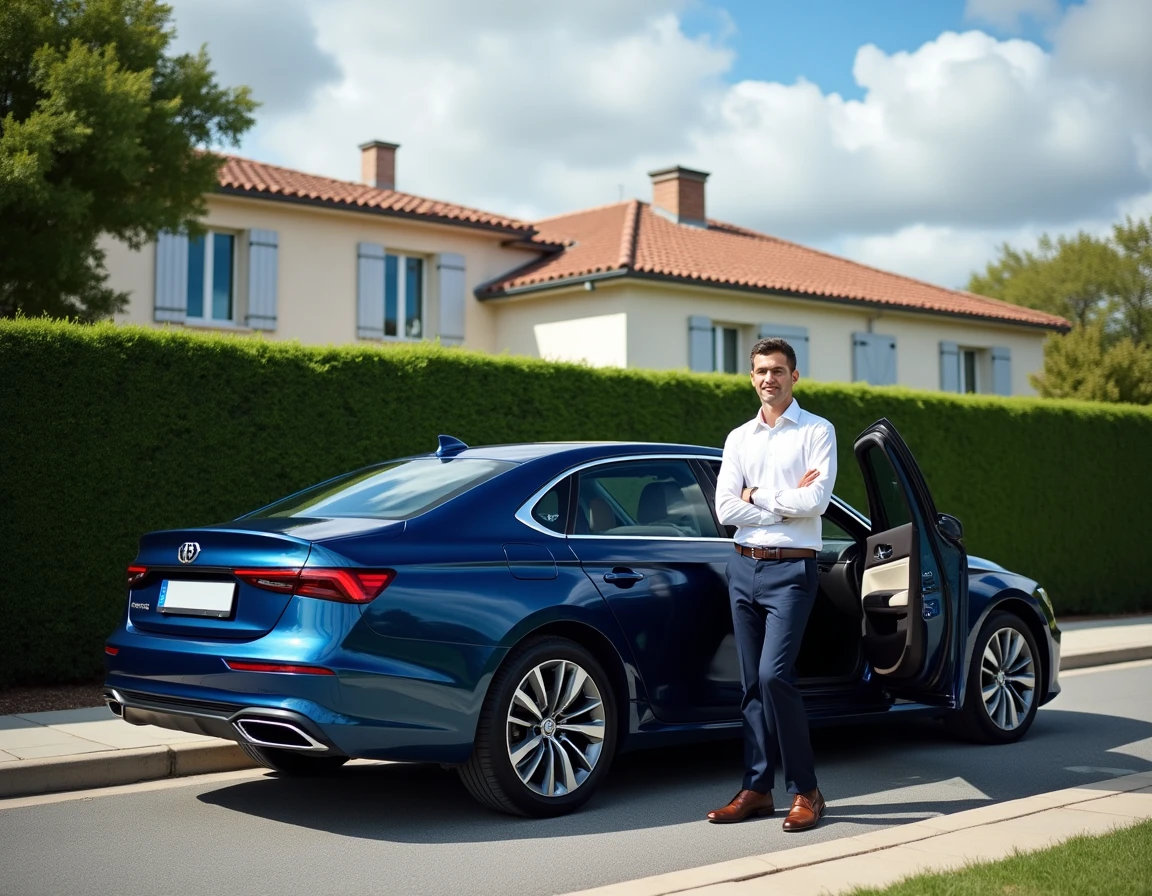Chauffeur VTC en tenue élégante ouvrant la portière d'une berline bleue premium dans un quartier moderne de Bordeaux