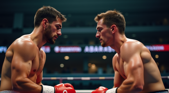 Deux boxeurs en coin de ring lors d'une pause intense