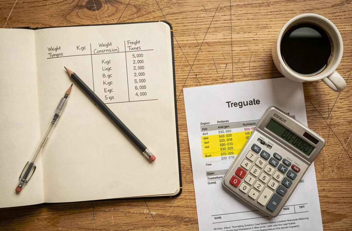 Bureau de comptabilité avec tableau de conversion kilogrammes tonnes manuscrit, calculatrice et factures