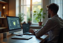 Espace de travail moderne avec VPN et lumière naturelle