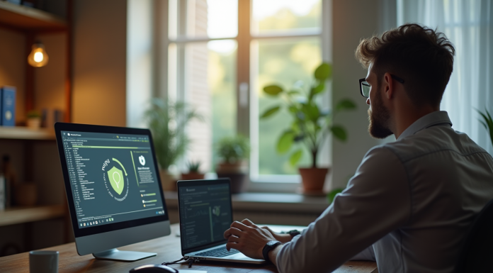 Espace de travail moderne avec VPN et lumière naturelle