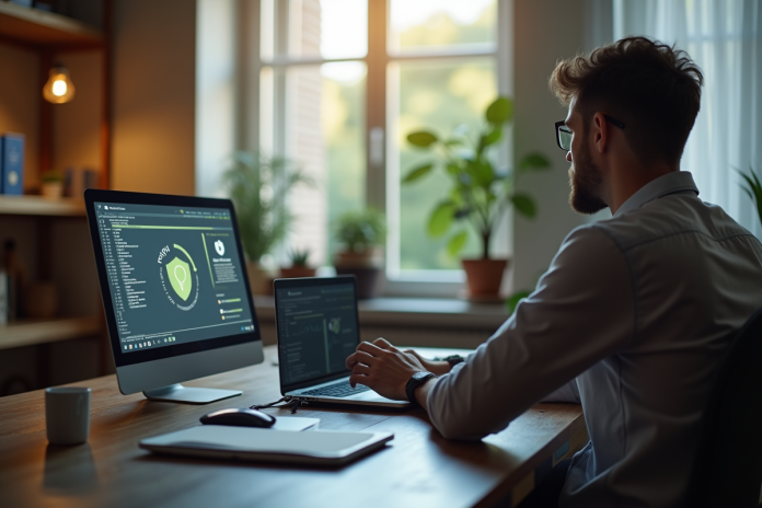 Espace de travail moderne avec VPN et lumière naturelle