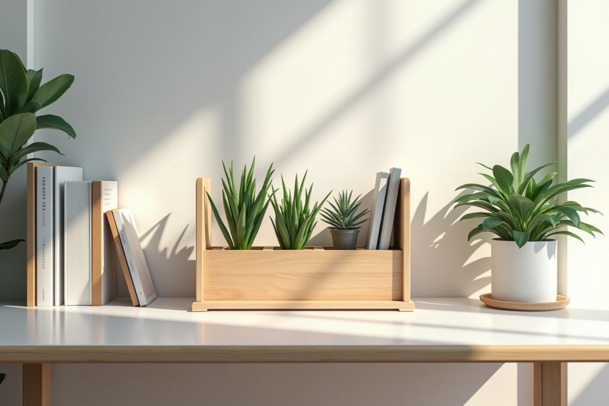 Bureau minimaliste avec étagère en bois et plantes vertes