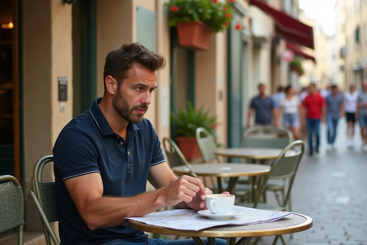 Touriste consultant une carte en terrasse de café à Sète, décor emblématique de DNA