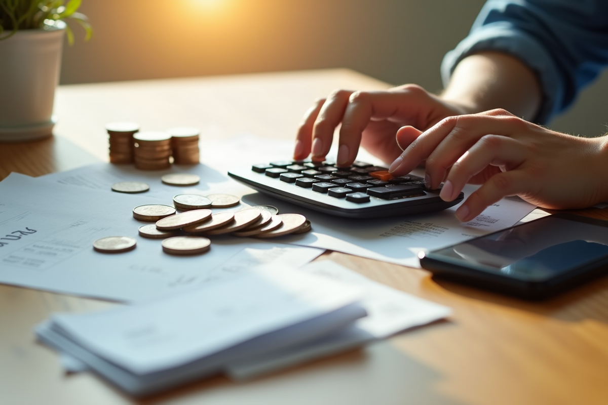 Mains utilisant une calculatrice avec pièces et reçus sur un bureau