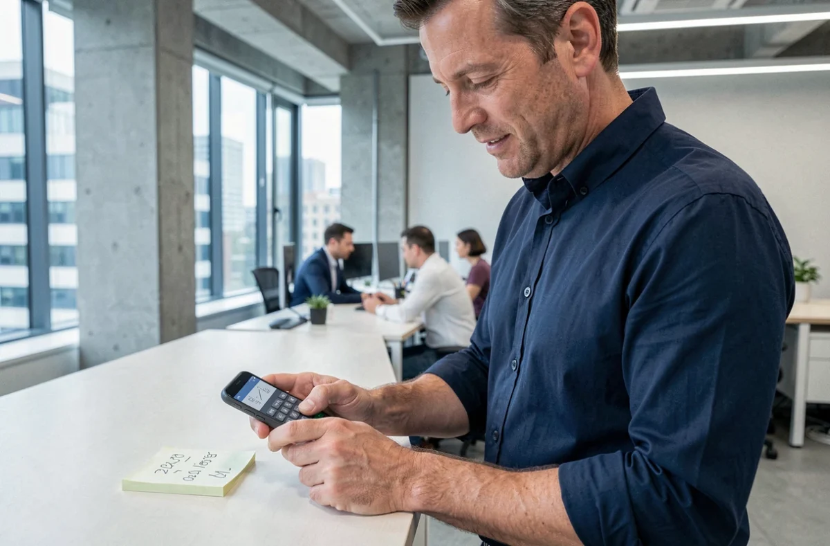 Homme calculant le nombre de jours écoulés entre deux dates avec une calculatrice sur smartphone au bureau