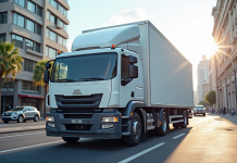 Camion blanc de 12m3 dans une rue urbaine en plein jour
