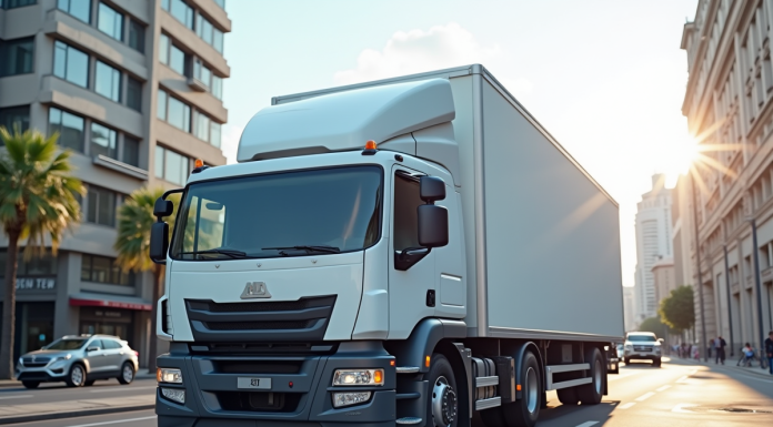 Camion blanc de 12m3 dans une rue urbaine en plein jour