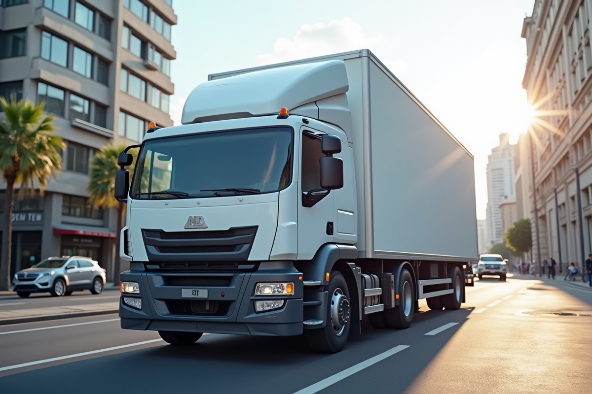 Camion blanc de 12m3 dans une rue urbaine en plein jour