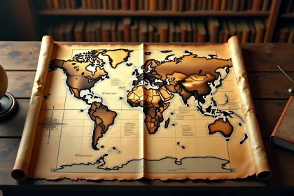 Carte du monde ancienne en parchemin avec frontières dessinées à la main sur une table en bois de chêne dans un bureau d'historien