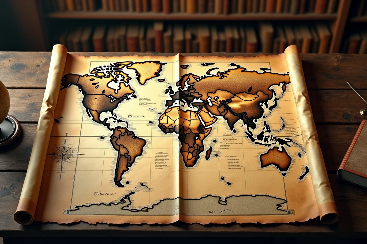 Carte du monde ancienne en parchemin avec frontières dessinées à la main sur une table en bois de chêne dans un bureau d'historien