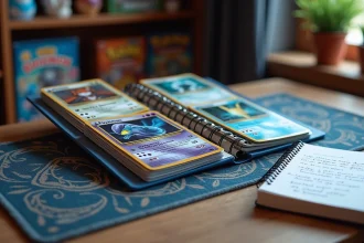 Binder de cartes Pokémon de type Psy ouvert sur un bureau avec notes stratégiques pour construction d'équipe