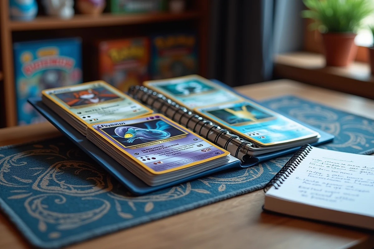 Binder de cartes Pokémon de type Psy ouvert sur un bureau avec notes stratégiques pour construction d'équipe