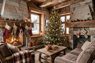 Salon de chalet alpin décoré pour Noël 2026 avec sapin vintage, cheminée en pierre et neige dehors