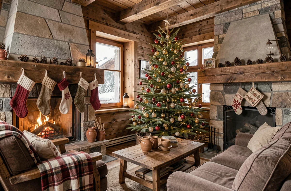 Salon de chalet alpin décoré pour Noël 2026 avec sapin vintage, cheminée en pierre et neige dehors