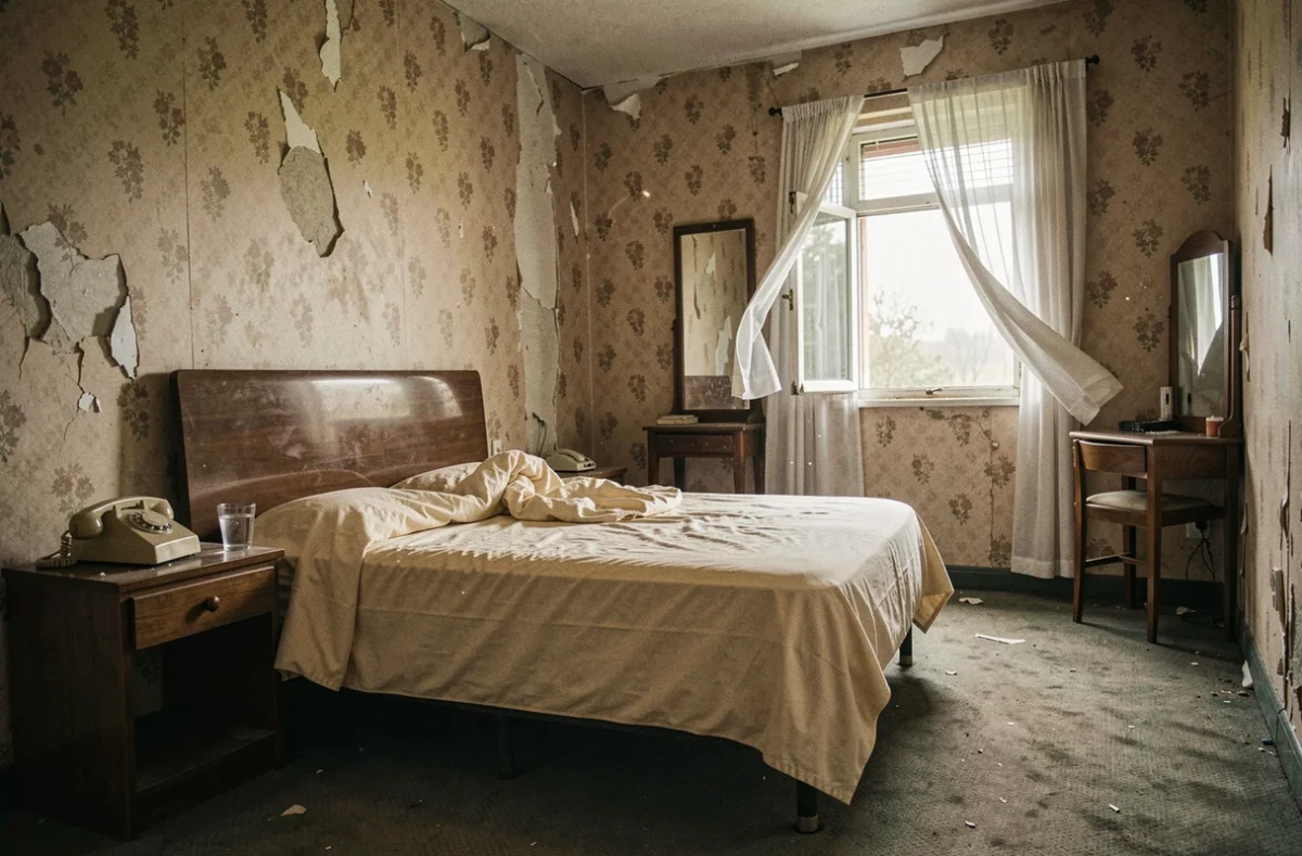 Chambre d'hôtel vintage des années 70 évoquant le mystère autour de la mort de Mike Brant