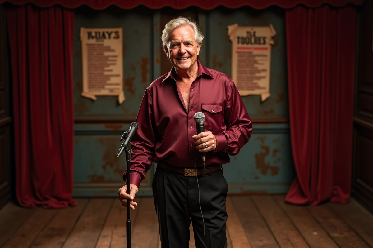 Chanteur américain des années 70 sur scène avec micro vintage et décor authentique de salle de concert rétro