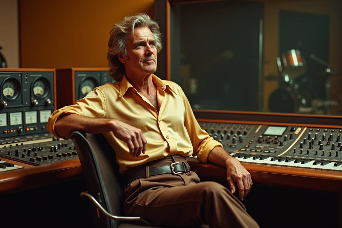 Chanteur pop rock anglais des années 70 dans un studio d'enregistrement vintage avec console analogique et ambiance rétro